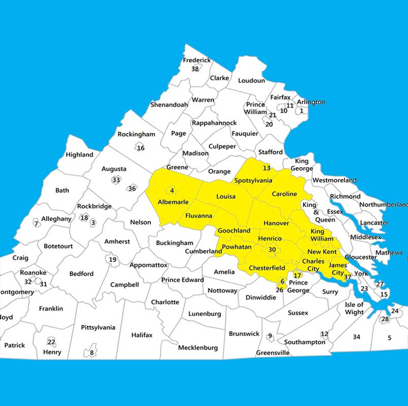 Central Virginia Electrician Service Area map